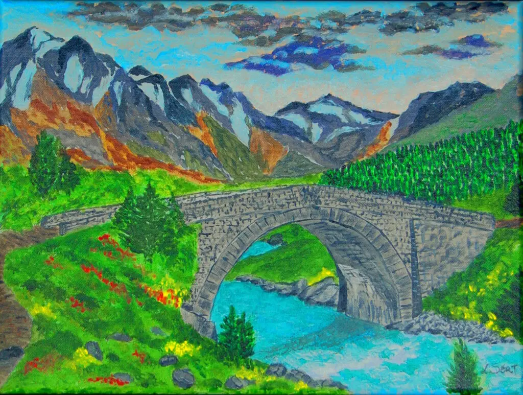 Mountain river with distant snowy hills